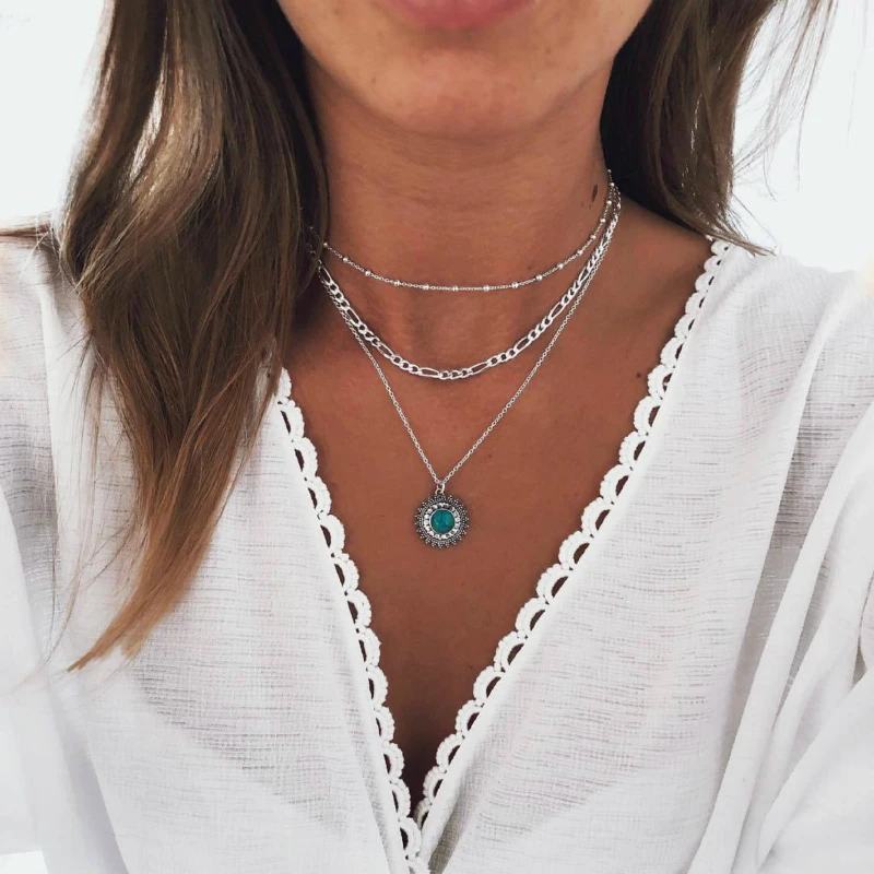 

New Necklace Fashion Bohemian Style Ancient Silver Songshi Female Multi-layer Necklace Combination Hot Sell Jewelry Wholesale