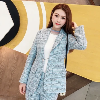 

2019 Spring Autumn Brand Runway New Light Blue Tweed Blazers Women Shawl Collar Fashion Plaid Weave Blazer Coats Y320