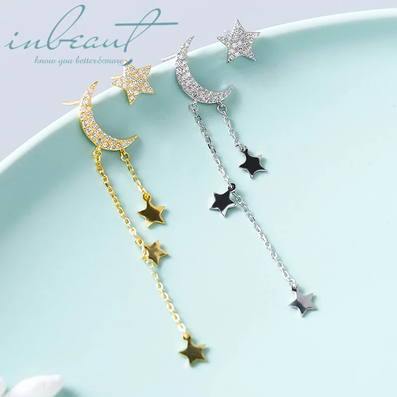 

inbeaut 925 Silver Black Star Moon Long Chain Drop Earrings Female 18K Gold Original Design Universal Night Star Dangle Earrings