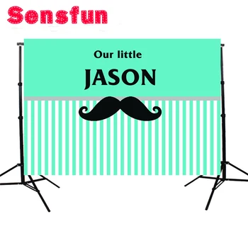 

Sensfun Birthday backdrops Baby Shower white Green stripes twill Moustache little man Background Party Photo Studio Vinyl 7x5ft