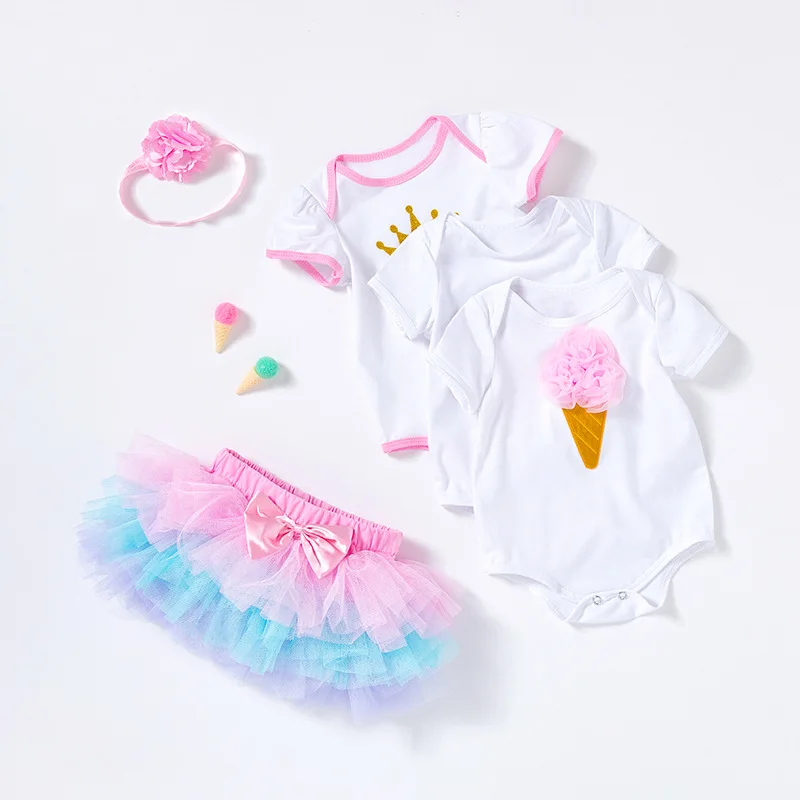 

Vlinder Baby Girl Rompers baby girl Clothes Summer Crown letters short sleeve triangle jumpsuits 3M~12M 3pcs set Baby skirt set