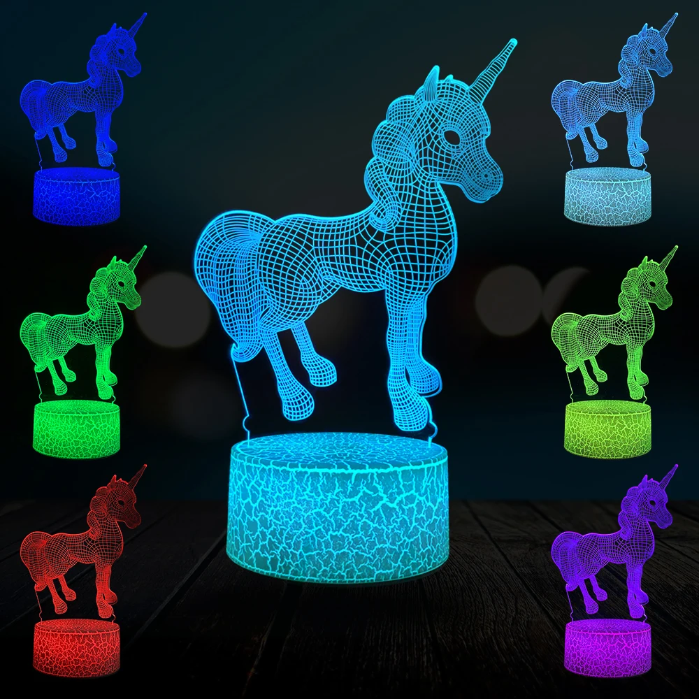 

2019 Cartoon Unicorn 3D Lamp LED Night Light Gift Bedroom Decor Multicolor Party Birthday Kid Toy Table Lava Crack DropShipping
