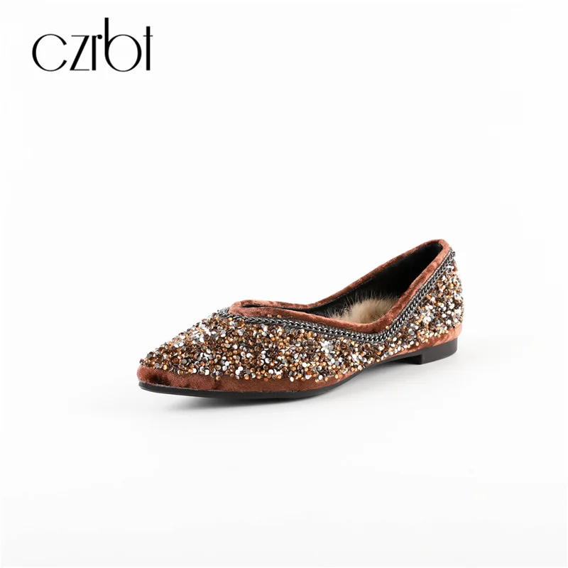 

CZRBT Women Bling Retro Style Flats Shoes With Natural Sheep Wool Inside Keep Warm and Soft Ladies Fashion New Winter Boat Shoes