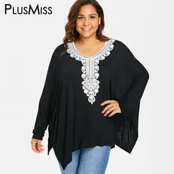 PlusMiss плюс размеры свободные вязаный крючком рукав "летучая мышь" топы корректирующие для женщин 5XL XXXXL XXXL осень 2018 черный Boho блузка дамы Бо