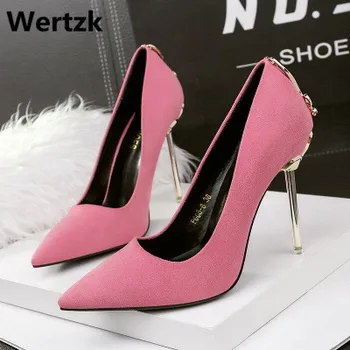 

Wertzk 2019 Korean fashion pointy heels nightclub sexy metal with women's shoes thin with bow shoes zapatos mujer tacon E176