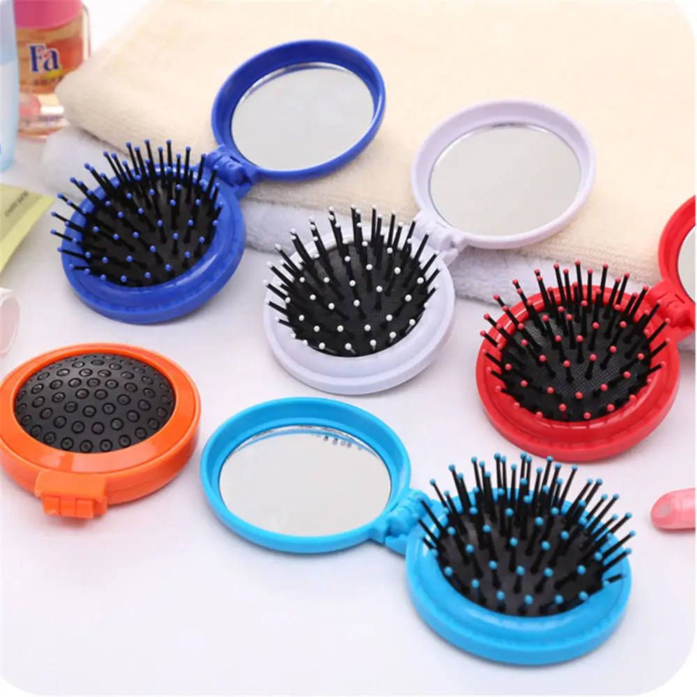 

Beautiful Mini Round Folding Comb With Mirror Girls Travel Hair Brush
