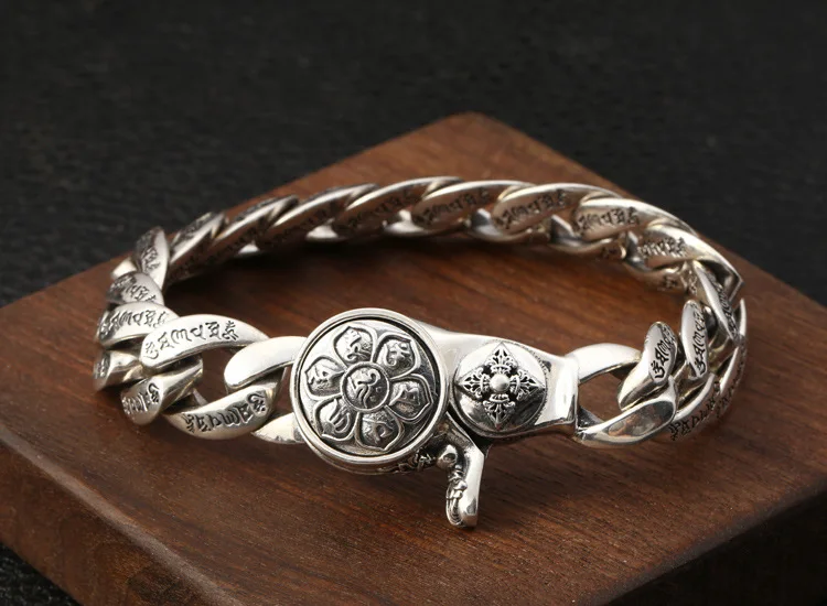 S925 стерлингового серебра ювелирные изделия Ретро тайское серебро мужские классические буддийские шесть символов мантра вращающийся мужской браслет
