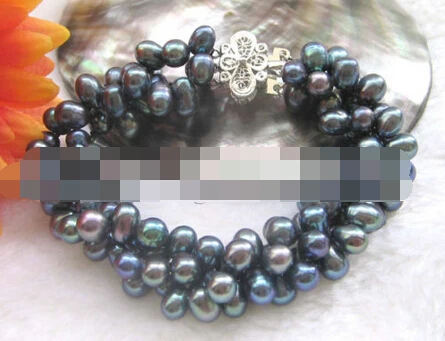

free shipping 09353 3row black freshwater pearl bracelet - GP clasp
