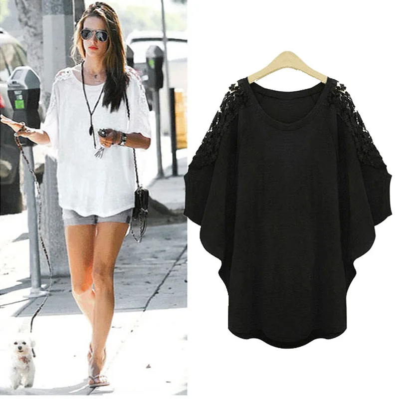 

Hollow Out L-5XL Plus Size T-shirts Lace Patchwork 2019 Summer The New Batwing Sleeve Show Thin Joker Casual Women Tops Hot Sale