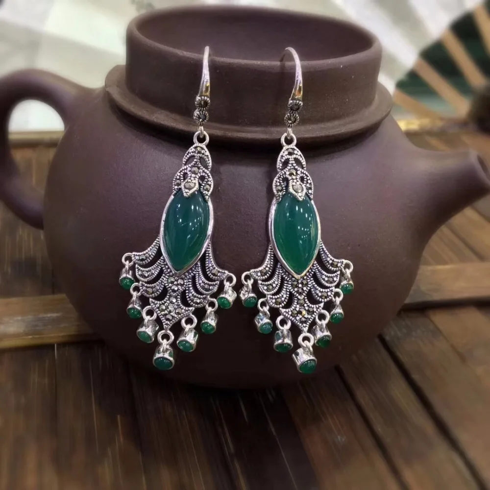 

Fashion Jewelry Hand Made 925 Solid Silver Antique Tibetan Silver Vintage Woman Precious Stone Cute Romantic Dangle Earrings