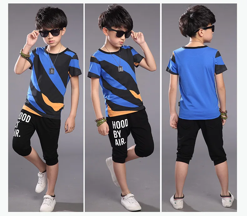 Verão de Manga Camiseta + Shorts Conjuntos de Meninos Crianças Júnior Curta Algodão Esportes Casual Calças Roupas 2 Novo Terno Esportivas 15 Conjuntos de roupas