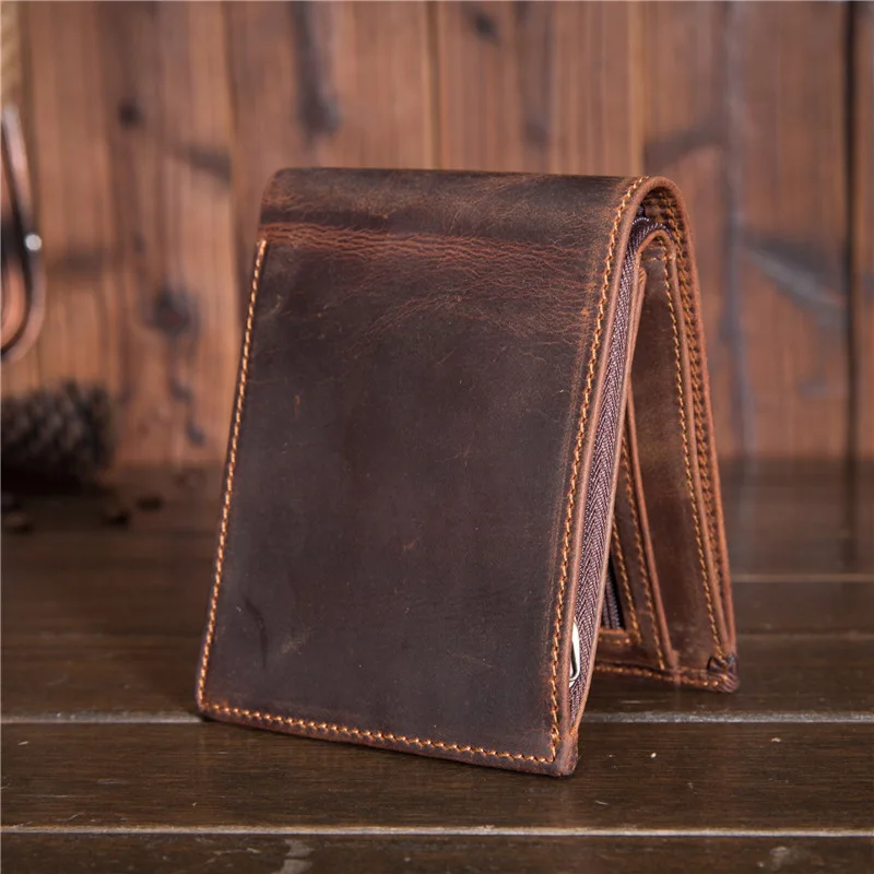 

Vintage Short Wallet Men zip coin pocket Functional Card Holders Driver license Purse Custom Name Genuine Leather Men Wallets