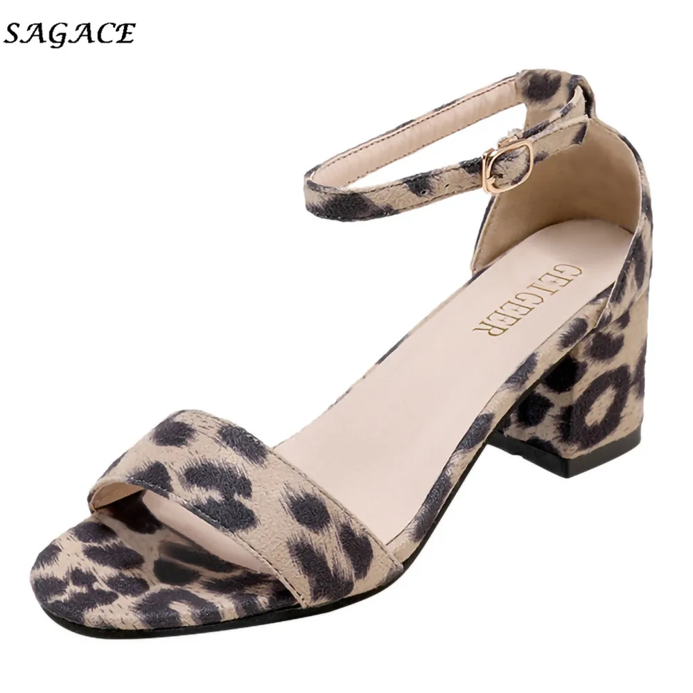 

SAGACE Shoes Fashion Leopard Women Sandals Lady Girls Party occupation Ankle Low-Heeled Sandals Round Toe Summer Spring Sandals