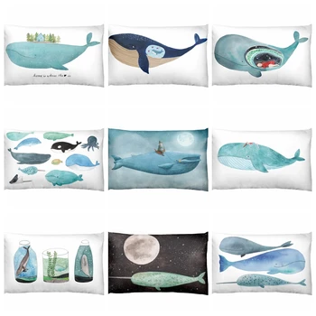 

Nordic Ocean Illustration Printed Waist Pillowcase Cartoon Whale Linen Cushion Decorative Home Decor Sofa Throw Pillow 50*30cm