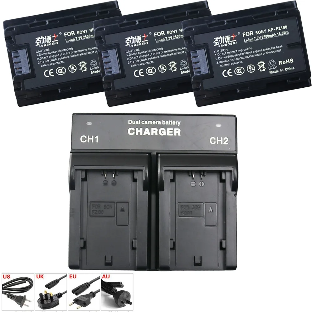 

3X NP-FZ100 NPFZ100 NP FZ100 2500mAh Battery + Dual LED Charger for Sony NP-FZ100, BC-QZ1, Sony a9, a7R III, a7 III, ILCE-9