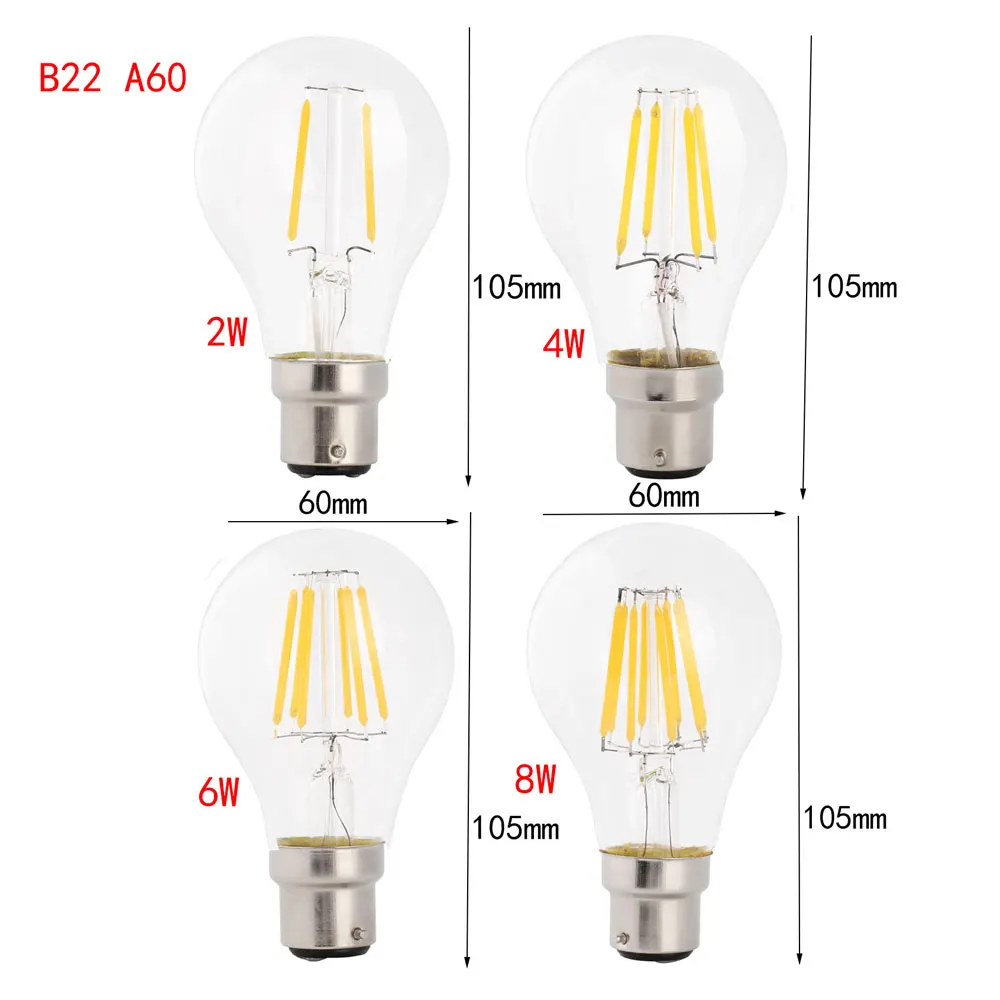Ретро светодиодный светильник накаливания E27 2W 4W 6W 8W A60 B22 байонетная винтажная светодиодная лампочка эдисона AC 220V прозрачная стеклянная оболочка