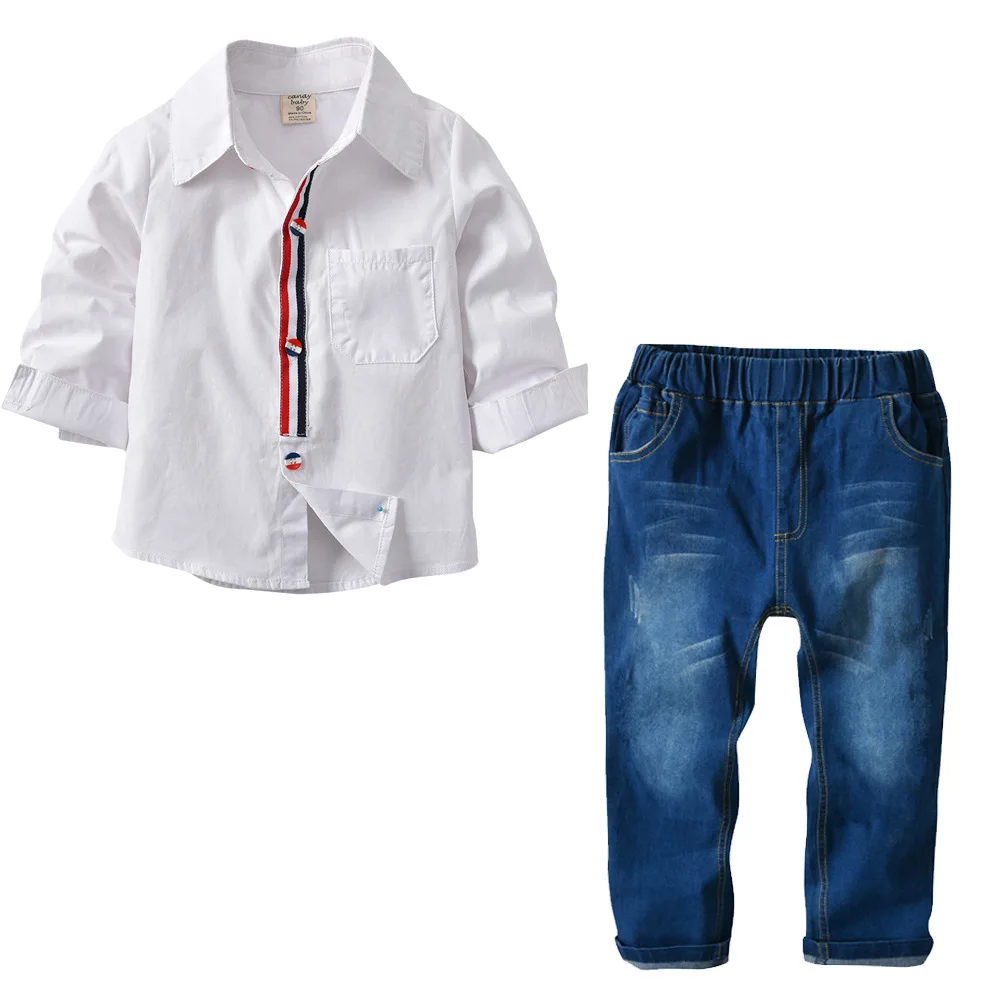 

2018 spring cross border children's boy white color crash shirt denim suit two piece set