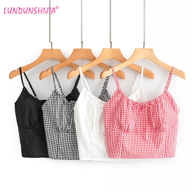 

LUNDUNSHIJIA Sweet Sexy Bow Camisole Tops 2019 Summer Ladies Vintage Plaid Spaghetti Strap Vests Tops 4 Colors