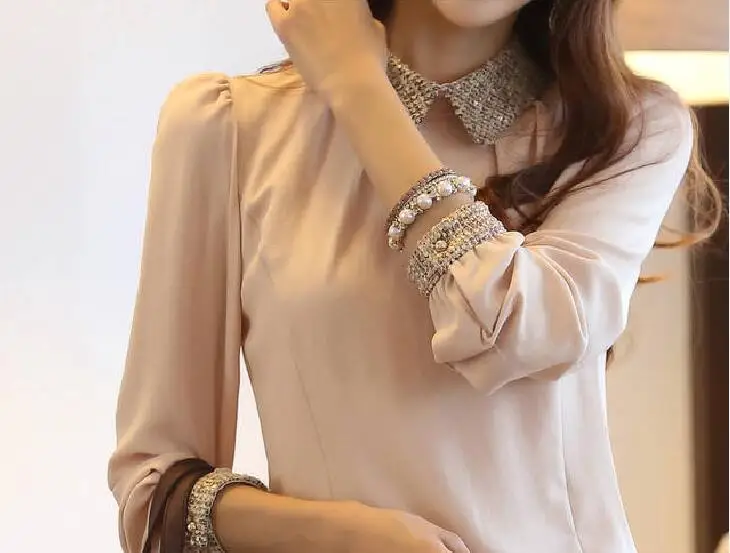 Новая модная Корейская женская кружевная шифоновая рубашка с длинным рукавом, воротник Питер Пэн, женская блузка с рукавом-фонариком S0317