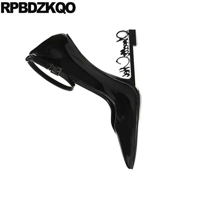 Women Shoes Size 4 34 Black Wedge Abnormal Extreme Pointed Toe Patent Leather Pumps Super High Heels Ankle Strap Ultra Novelty
