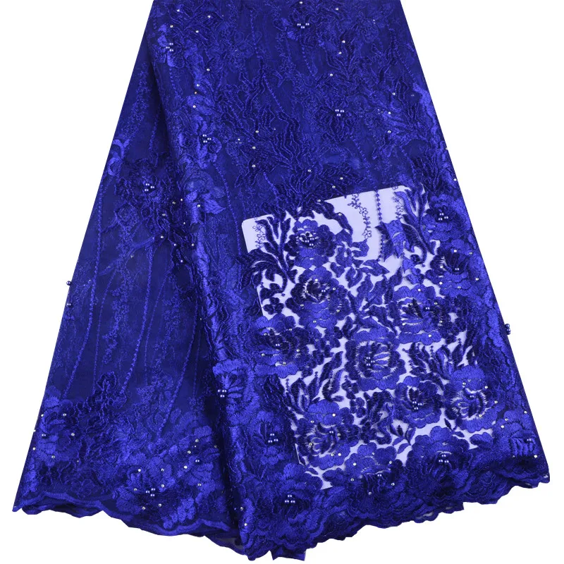 

African Lace Fabric 2018 High Quality Nigerian Royal Blue Lace Fabric With Beaded Embroidery Tulle French Lace for Wedding S1373