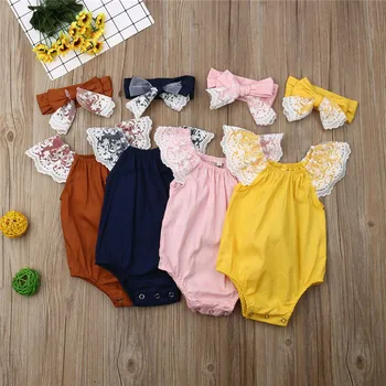 

2019 Newborn Lace Romper Infant Baby Girls Lace Fly Sleeve Romper Jumpsuit Headband 2Pcs Summer Toddler Clothes Sets 0-24M