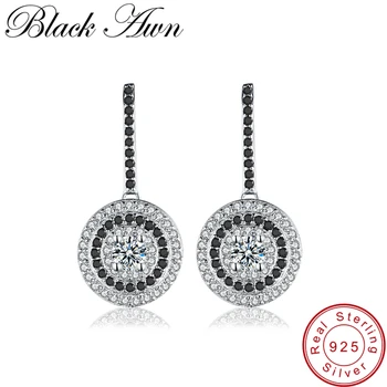 

[BLACK AWN] Genuine 4.2g 925 Sterling Silver Fine Jewelry Wedding Round Stud Earrings for Women Black Spinel Female Earring T005