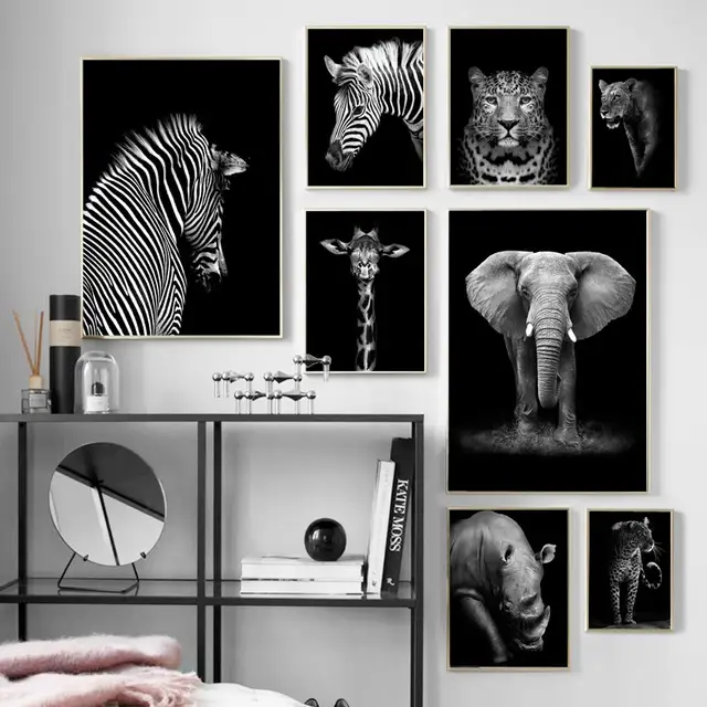 Black White Elephant Giraffe Zebra Wall Art Canvas Painting Nordic