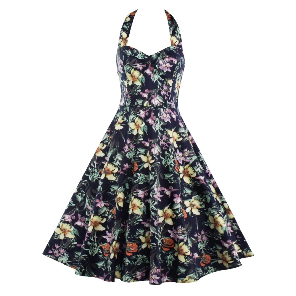 Audrey Hepburn Vintage Print Halter Neck Strap Sexy Floral Dress Women S Casual Cocktail Party Retro