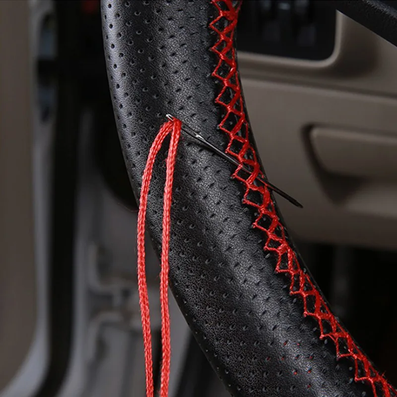 

38cm Hand-stitched Cowhide Car Steering Wheel Cover with Needle and Thread Braid On Steering Wheel Car Interior Accessories