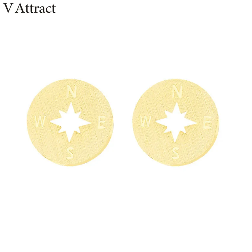 

V Attract Stainless Steel Graduation Jewelry Classic Round Stud Earrings Vintge Compass Women Men's Valentine's Day Present