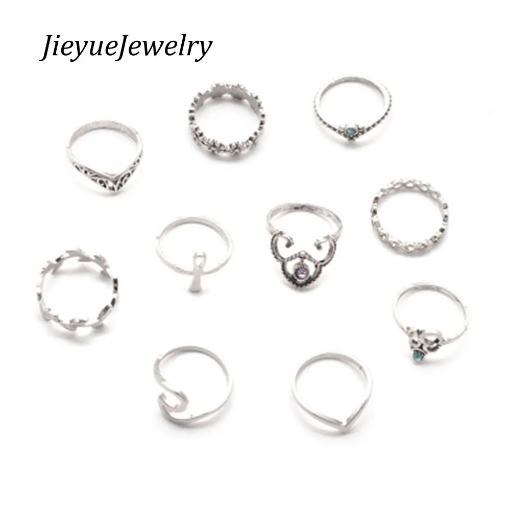 

10 Pcs/Set Boho Vintage Cute Flower Leaf V Shape Cross Ring Set Opening Rings Midi Finger Rings For Women Bohemian Jewelry