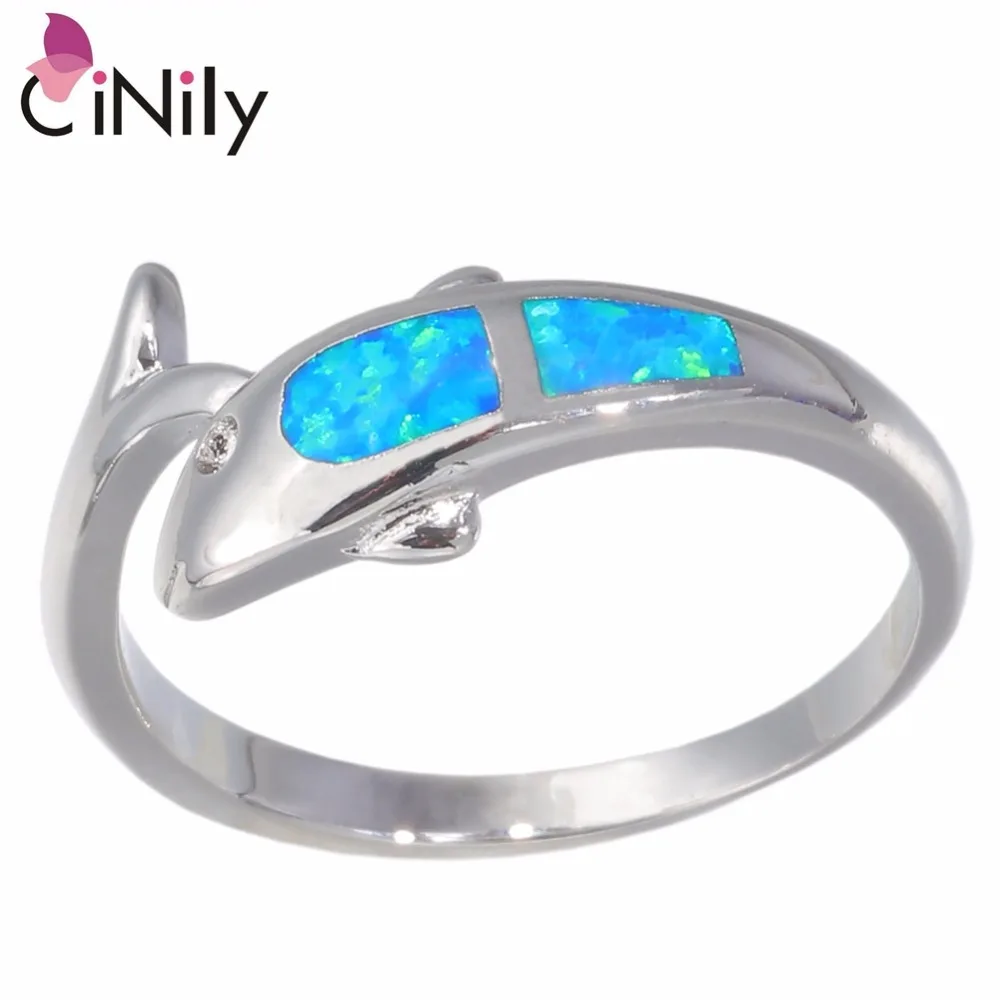 

CiNily Created Blue Fire Opal Silver Plated Wholesale Lovely Cute Dolphin for Women Jewelry Gift Ring Size 6 8 OJ9306