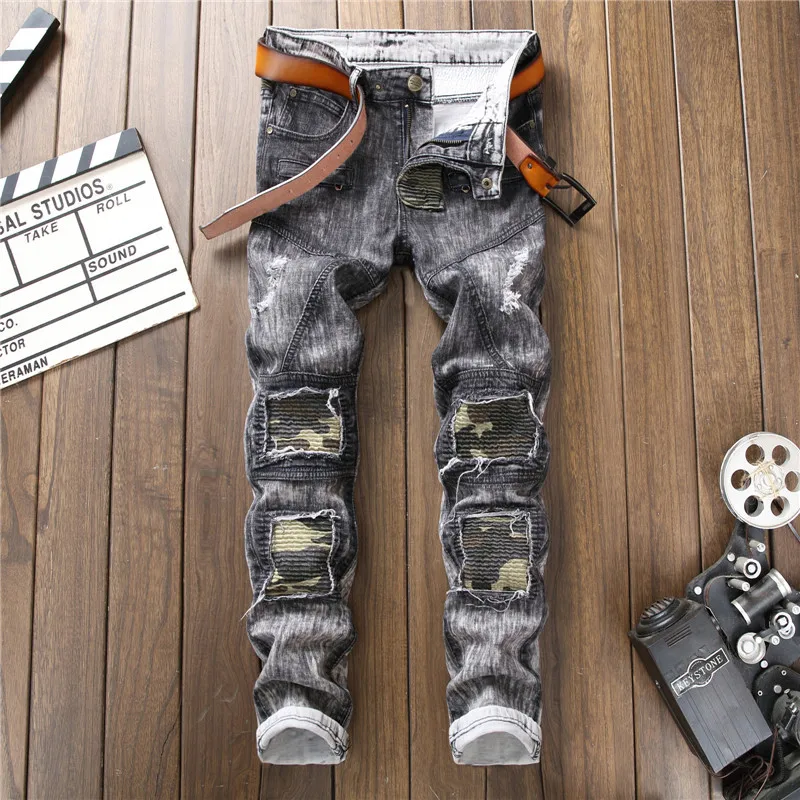 Men Jeans Designer 2018 Military Biker Ripped Jeans for Men Denim Punk