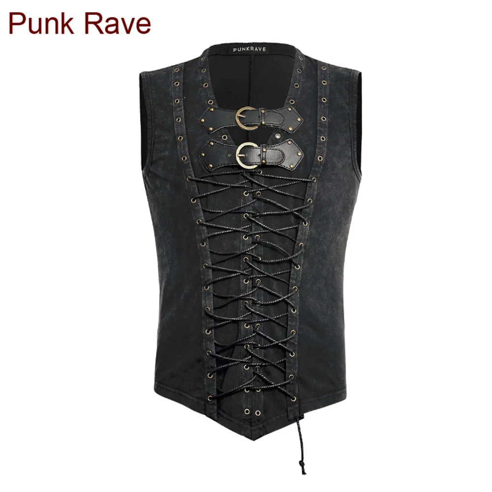 Punk Rave Mens Black Steampunk Rock Անփույթ նորաձևություն Goth Punk T-shirt top T421