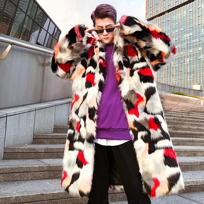 AELFRIC Fur Jacket Men Tie Dye Patchwork Winter Streetwear Long Style Jackets Hip Hop Outwear Harajuku Thick Warm Overcoat KJ168