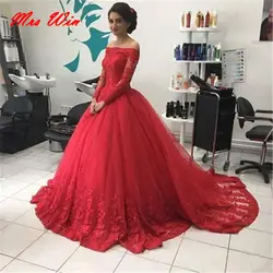 Vestido Dde Noiva 2019 с открытыми плечами Красный бальное платье Свадебные платья кружево Аппликация длинным рукавом свадебное платье robe de mariage