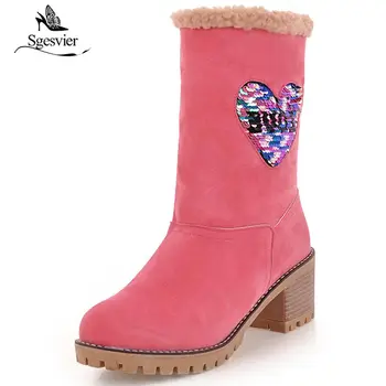 

Sgesvier Bling Heart-shaped Women Ankle Boots Female Green Block Chunky High Heel Snow Boots Plus Size Ladies Shoes Winter OX999