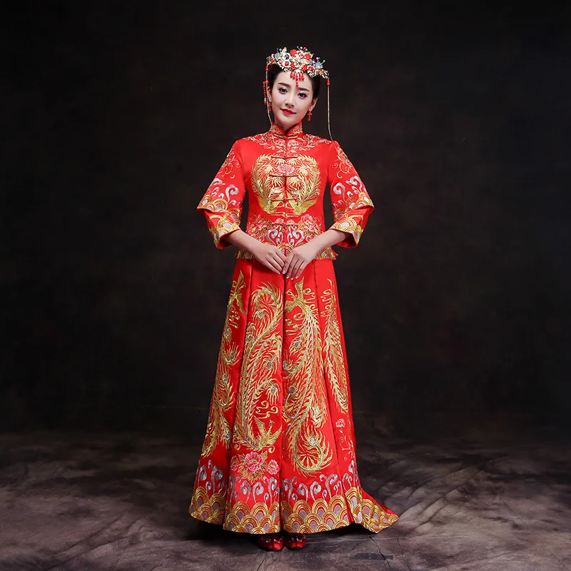  Chinese Traditional Dress Red Long Sleeve Cheongsam Embroidery Qipao Oriental Dresses Wedding Invit - 32877091130