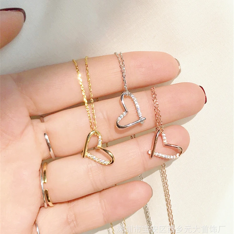 

925 Sterling Silver Rose Gold Color Love Heart Pendant Necklaces for Women Golden Korean Sweet Cute Clavicle Necklace Jewelry
