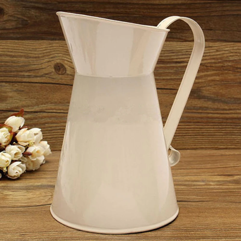 White New Vintage Tall Metal Shabby Chic Cream Vase Enamel Pitcher Jug Wedding Home Decor
