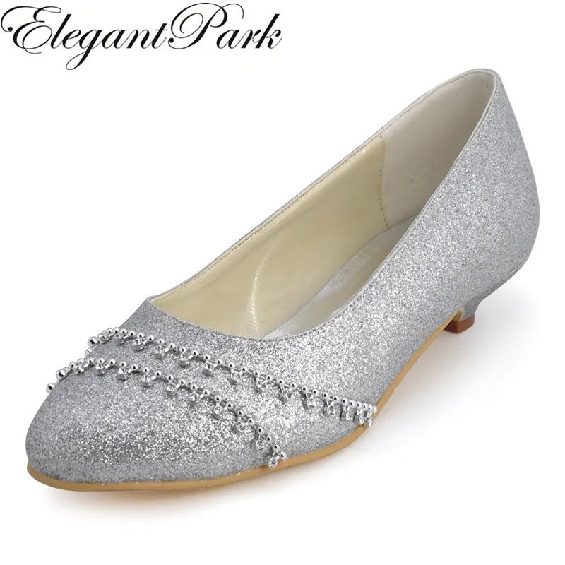 Shoes Woman B129B Silver Closed Toe Rhinestone Low Heel Glitter Bride
