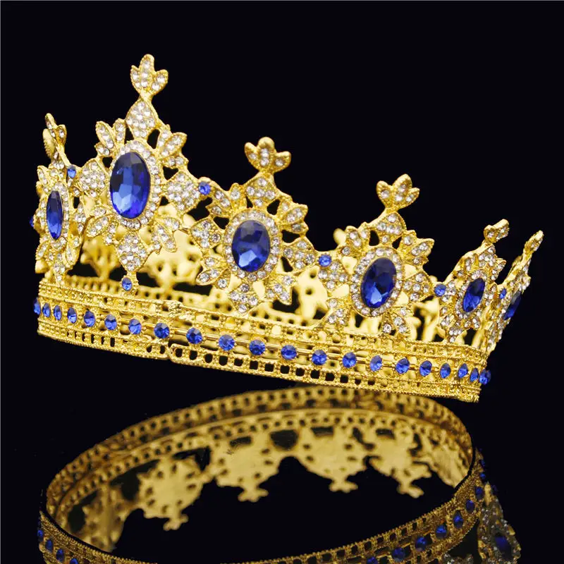Великолепный Винтаж барокко золото queen King тиара Корона для невесты свадебные украшения для волос металл синий кристалл круглый диадема украшения