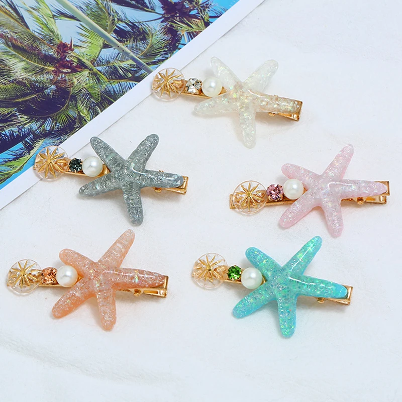 

Sweet Resin Acrylic Starfish Hair Clips Pearl Crystal Fashion Romantic Candy Color Women Summer Beach Barrettes Accessories