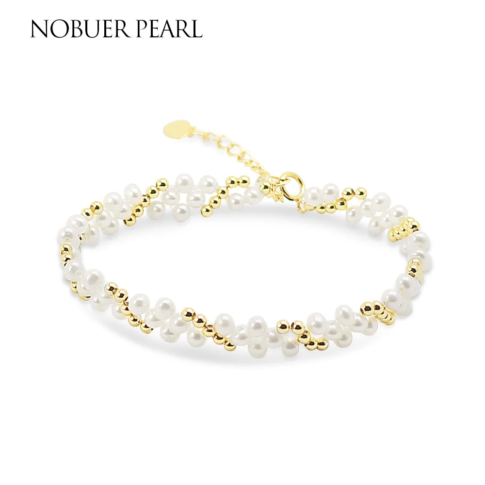 

Nobuer 14KGF Handmade Adjustable Size Natural Freshwater Pearl Bracelets Bangles 3-4mm White Pearls Trendy Fine Jewelry To Party