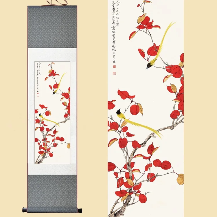 

Chinese Silk Watercolor Flower and Birds Maple red leaves Feng Shui ink art wall picture damask framed scroll canvas painting
