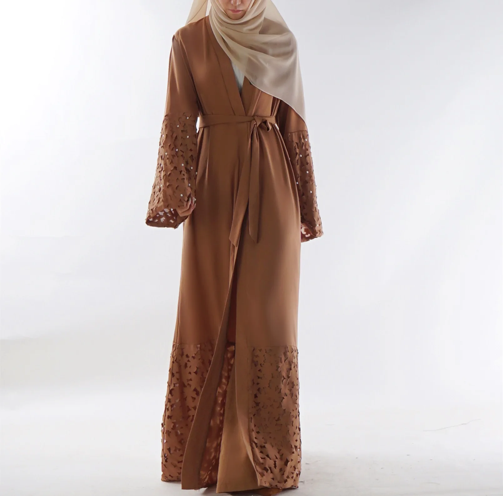 Модная Высококачественная мусульманская лазерная резка, ручная работа, цветочное жемчужное длинное пальто, Турецкая Абая, для мусульман