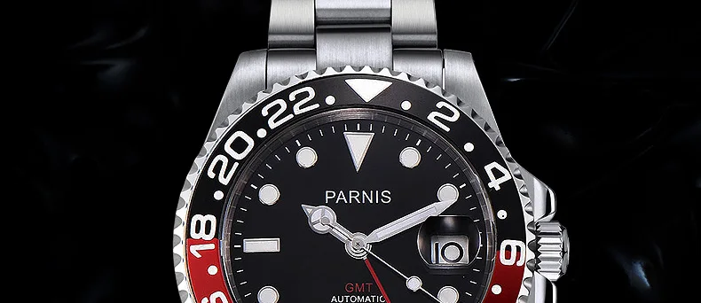 Parnis 40mm часы мужские спортивные механические часы GMT черный, красный Керамика ободок дайвер смотреть автоматический Нержавеющая сталь сапфир роль роскошные часы Для мужчин