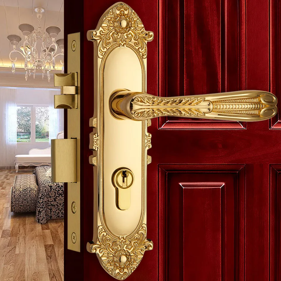  Europen Fashion Brass Golden Interior Solid Wood Panel Handle Lock Rose Golden Bedroom Bookroom Kit - 33058503218