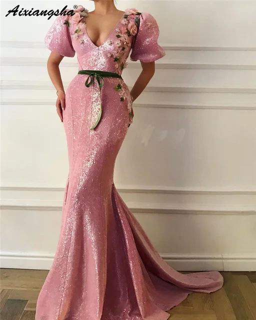 Vestidos, Новое поступление, вечернее платье с блестками, короткий рукав, v-образный вырез, 3D цветок, пояс, Русалка, вечерние платья, вечернее платье - Цвет: Розовый